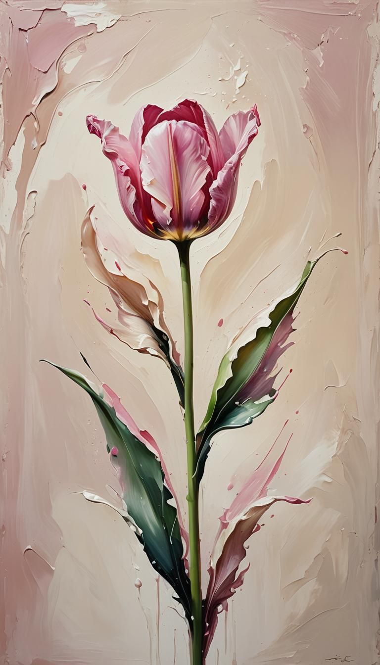 Abstract Pink Tulip Oil Painting with Loose Brushstrokes