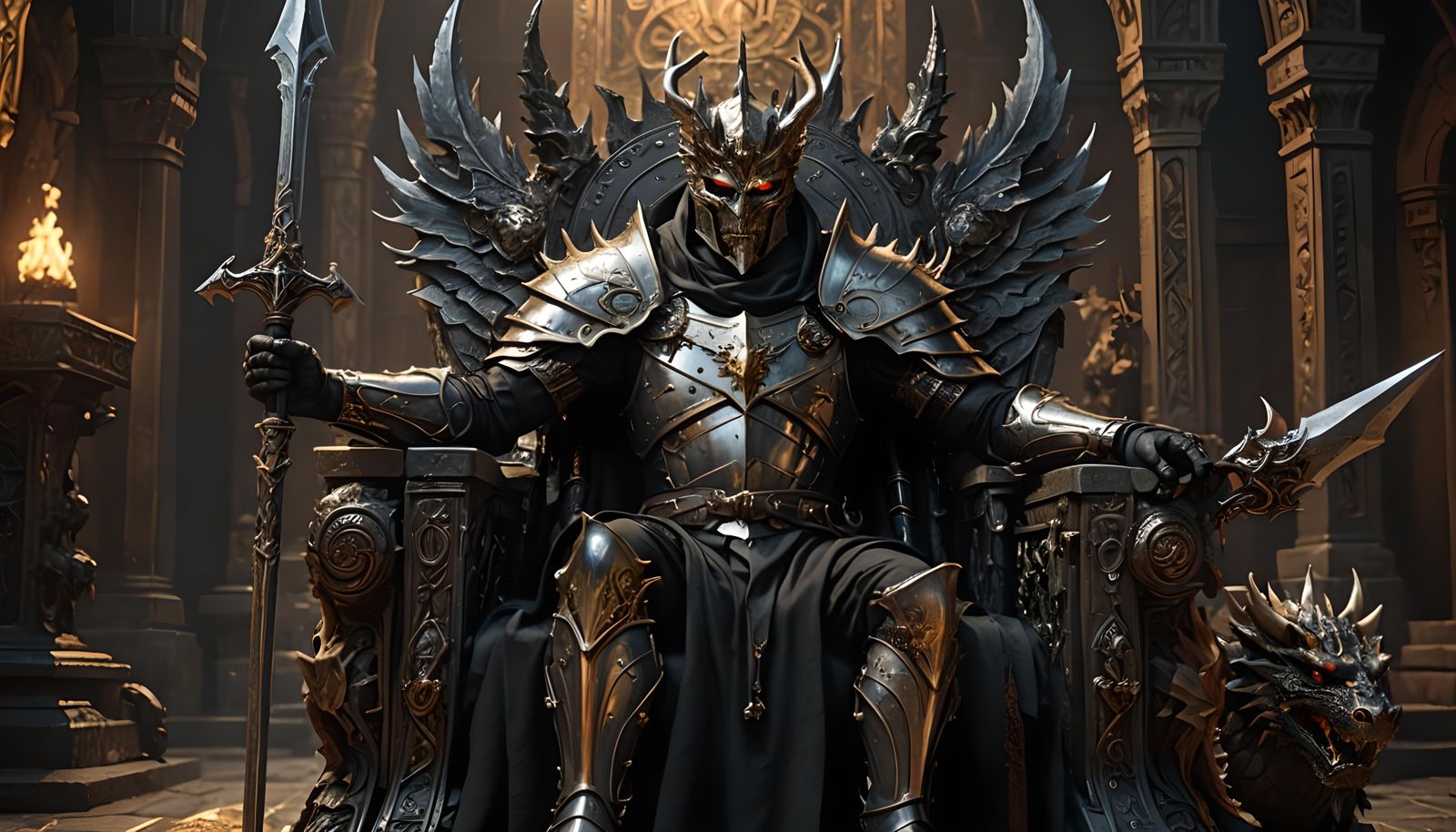 Gaunt Monarch on Throne with Knight Guard