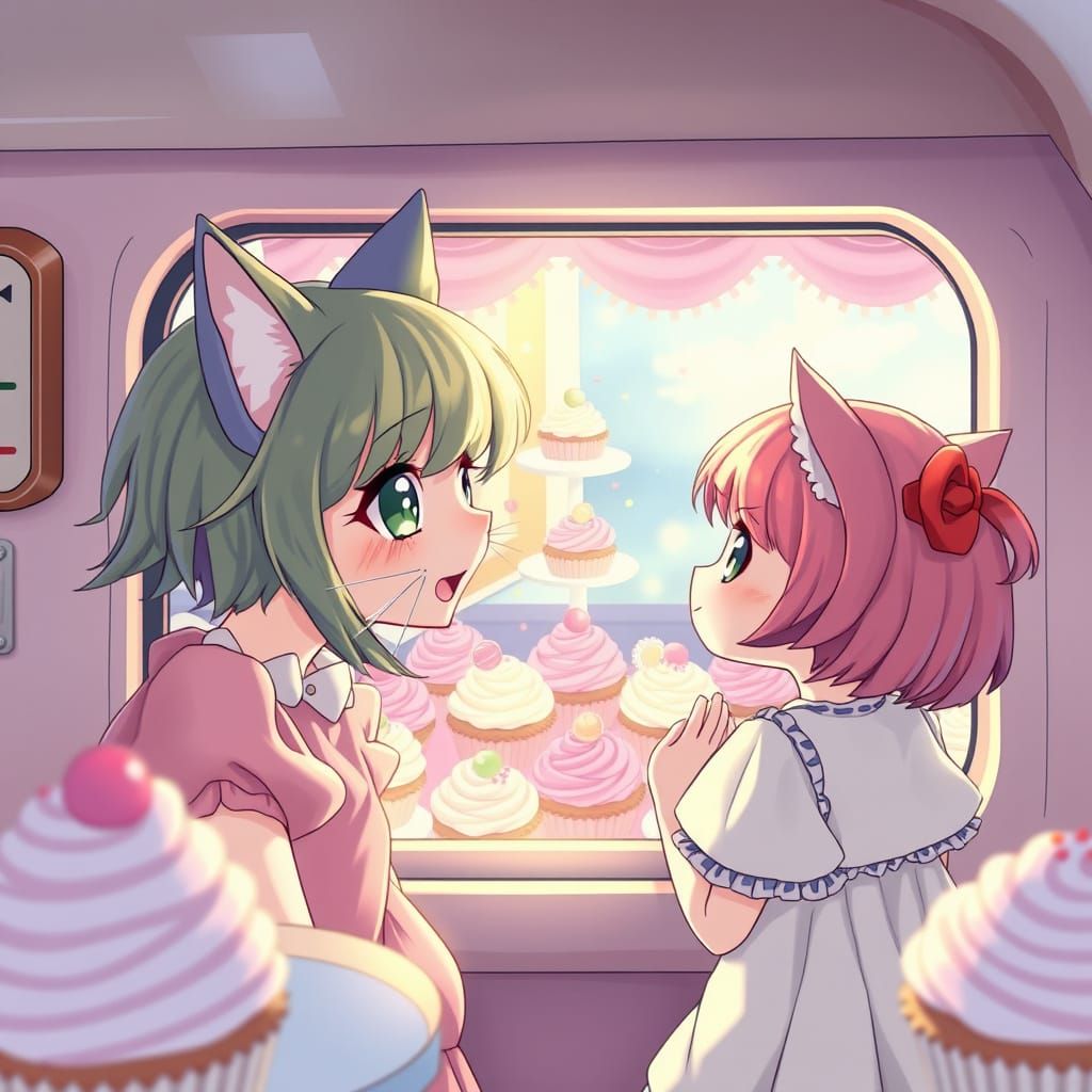 Whimsical Catgirls Gaze at Bakery Delights through Ship's Wi...