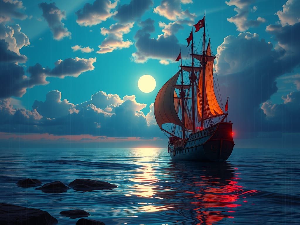 Pirate's Ship Under Moonlit Seascape in Retro Fantasy Style