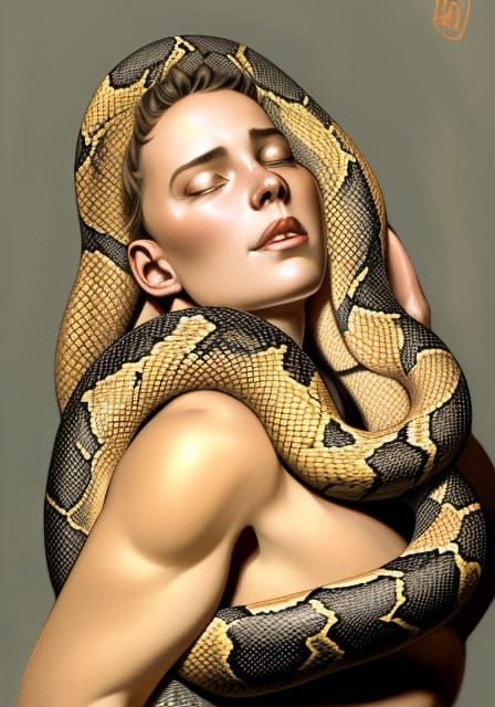 Woman Coiled by Snake: Hyperdetailed Portrait