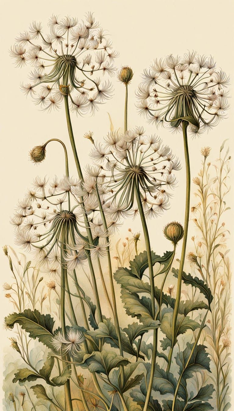 Dandelion Seeds Drift in Gentle Breeze, Impressionist Style