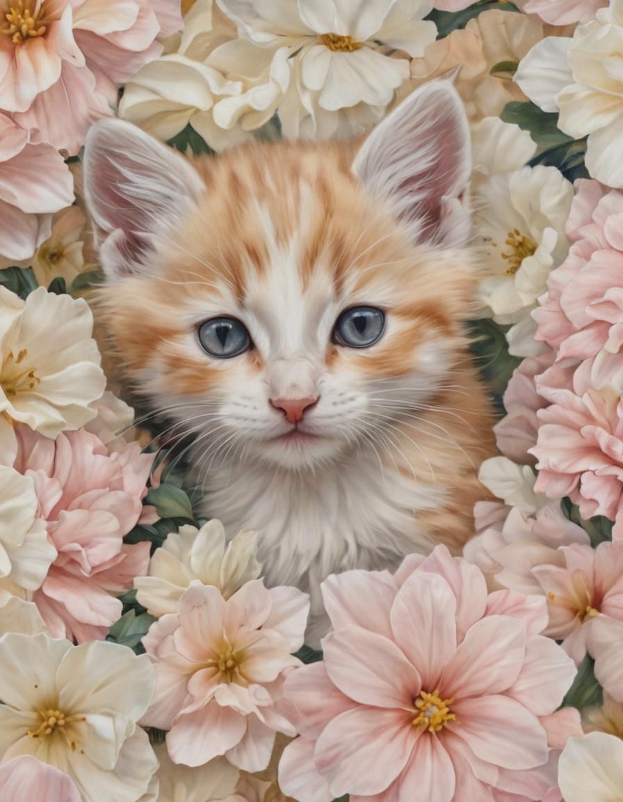 Kitten Cuddling in Flowers Painting