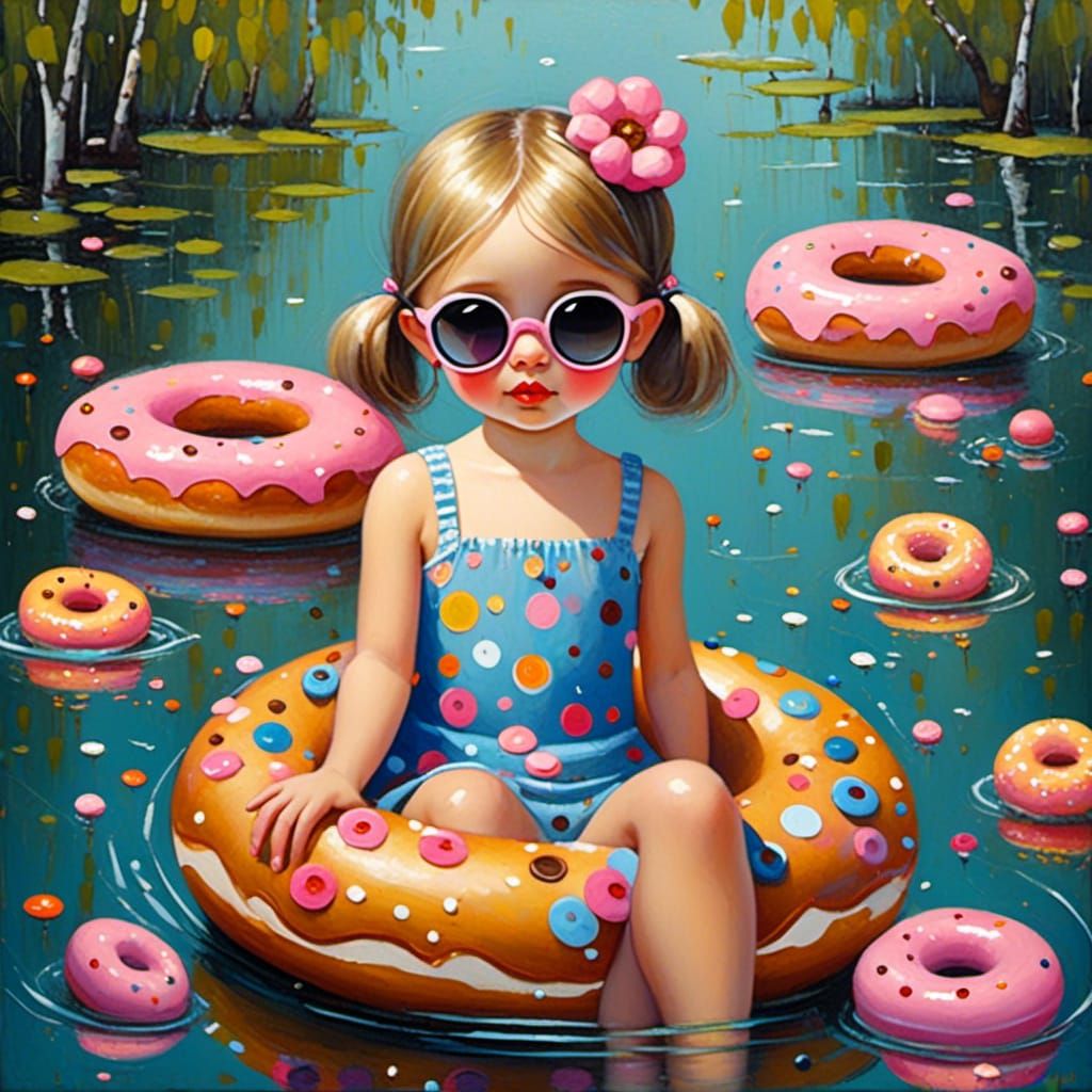 Girl in Donut Float as Oil Painting
