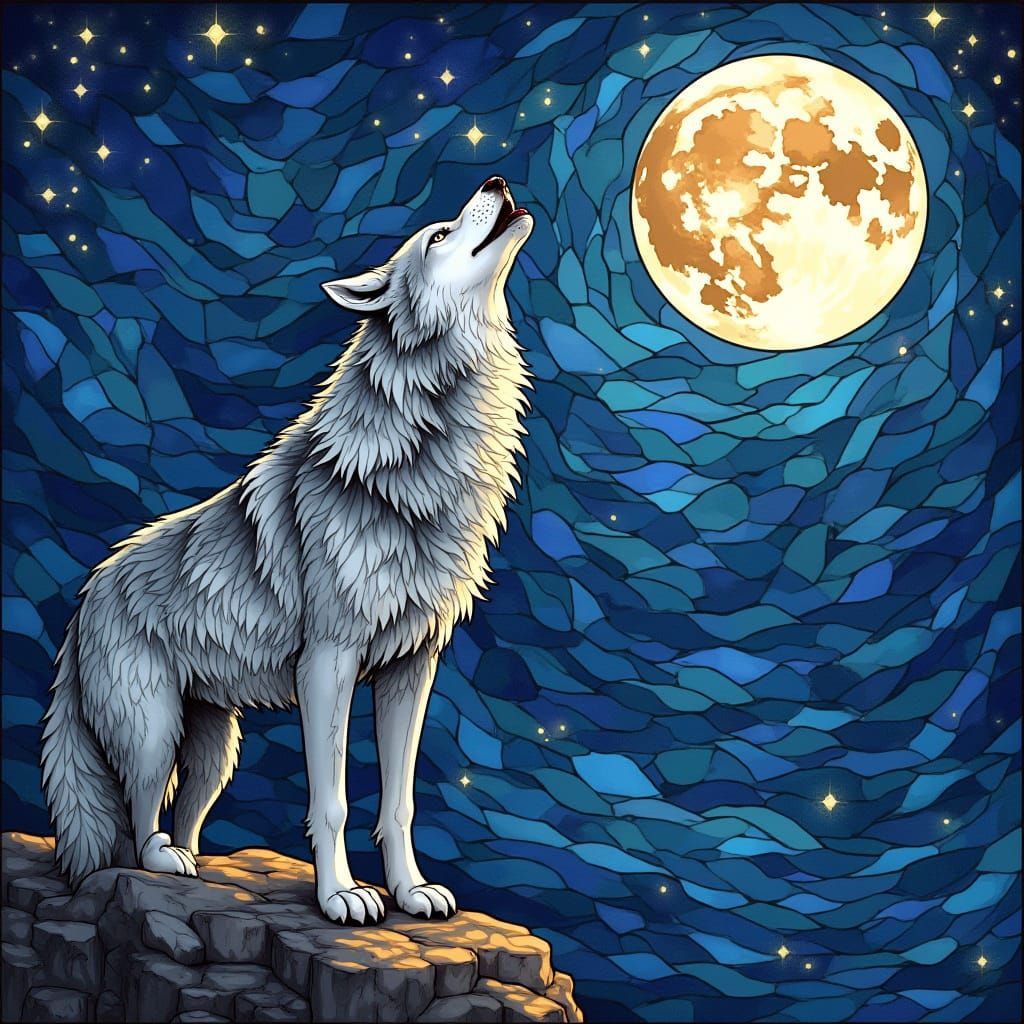 Gray Wolf Howls Under Full Moon in Dreamlike Stained Glass