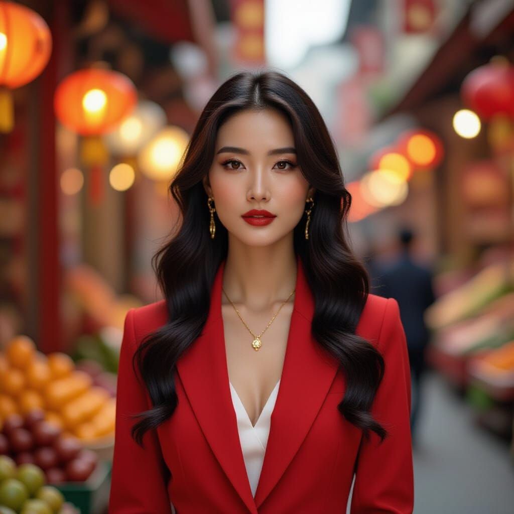 Contemplative Woman in Shanghai Marketplace, Cinematic Style