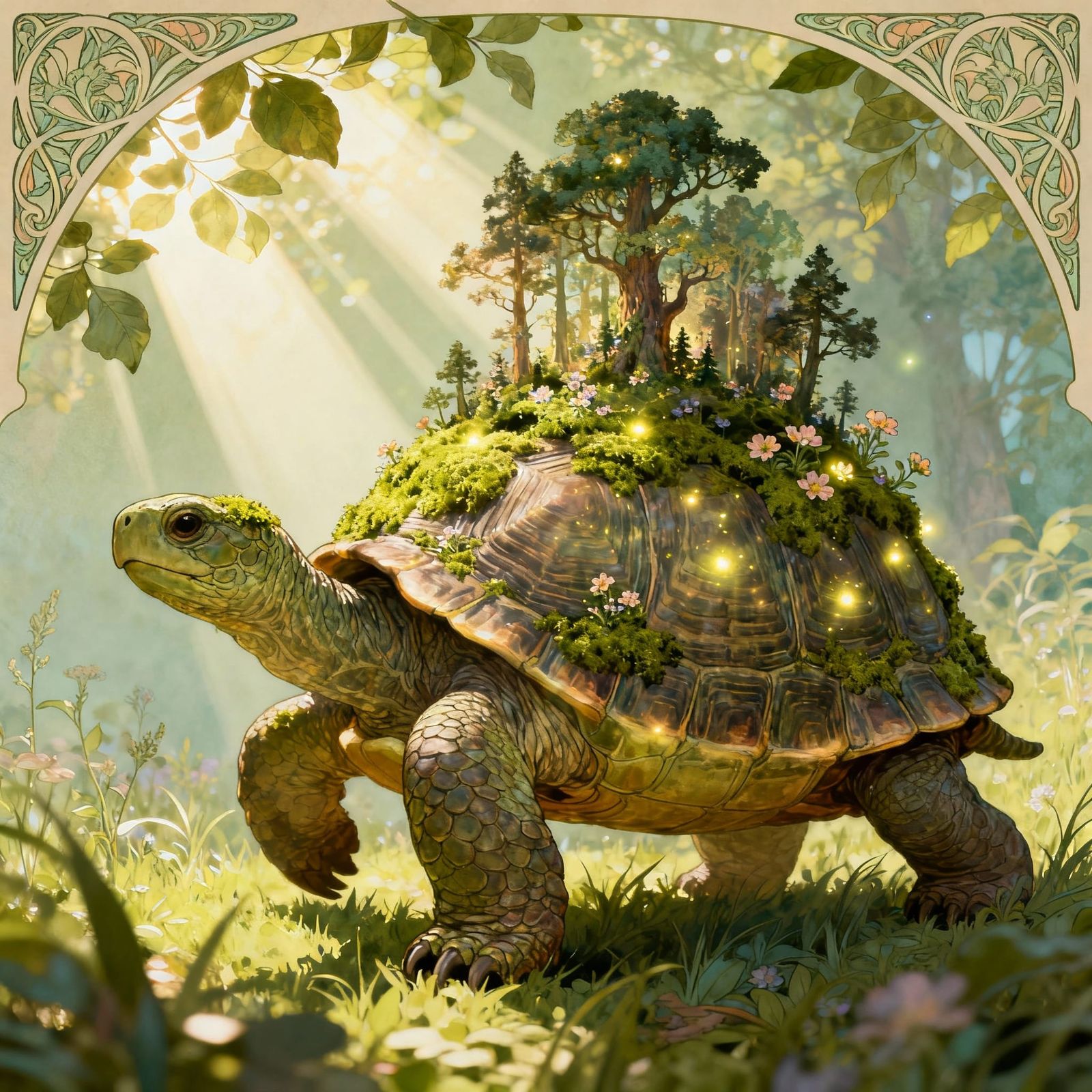 Art Nouveau Tortoise Carrying Enchanted Forest