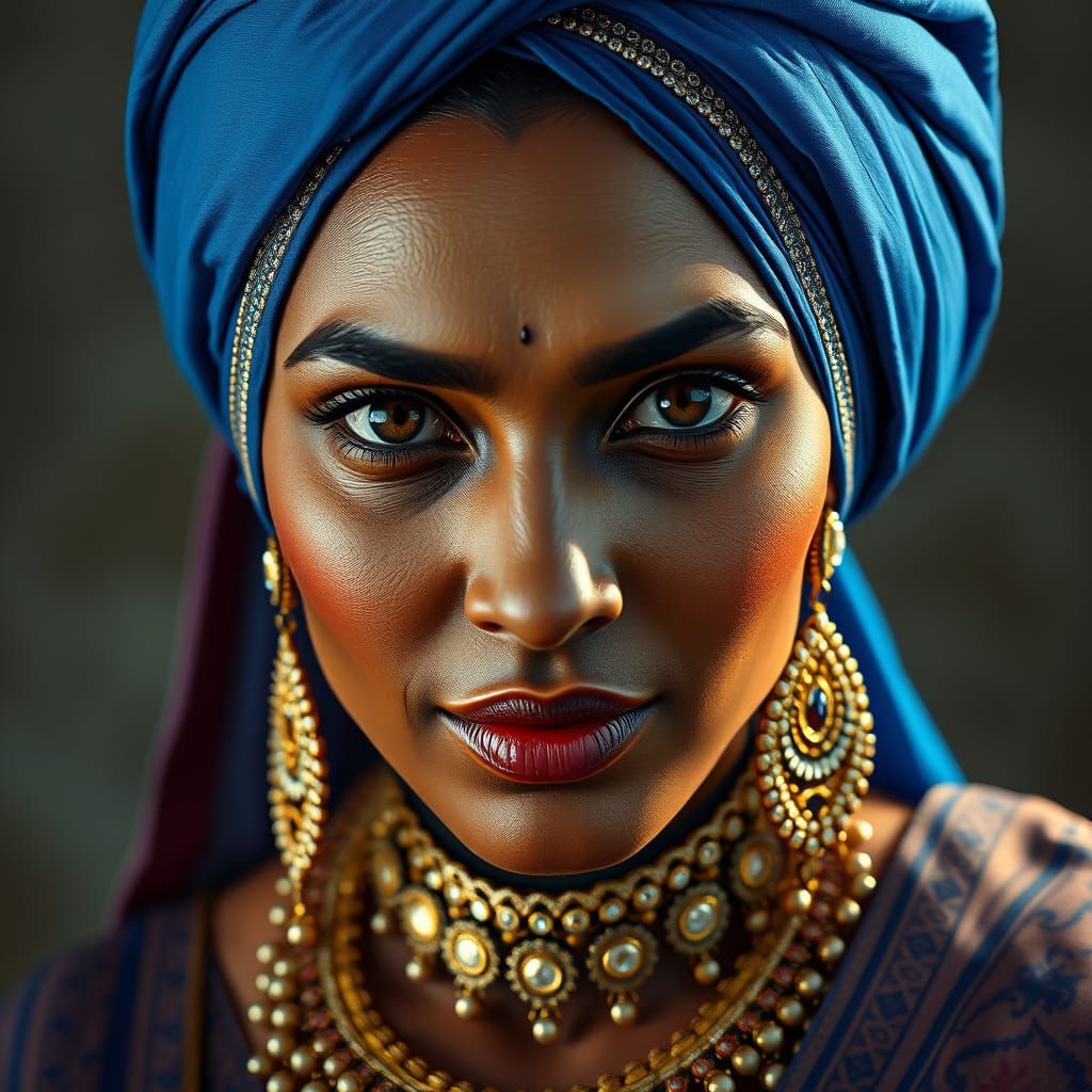 Sikh Woman with Blue Turban: Hyper-Realistic Digital Paintin...