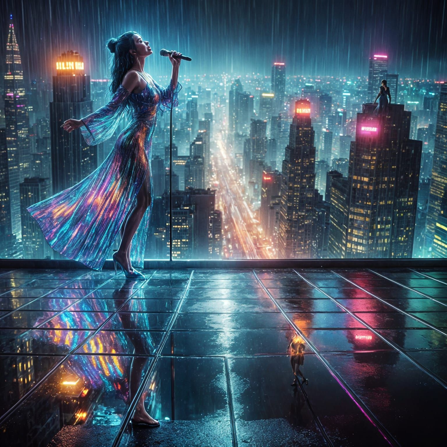 Holographic Singer on Rainy Rooftop with Neon City Below