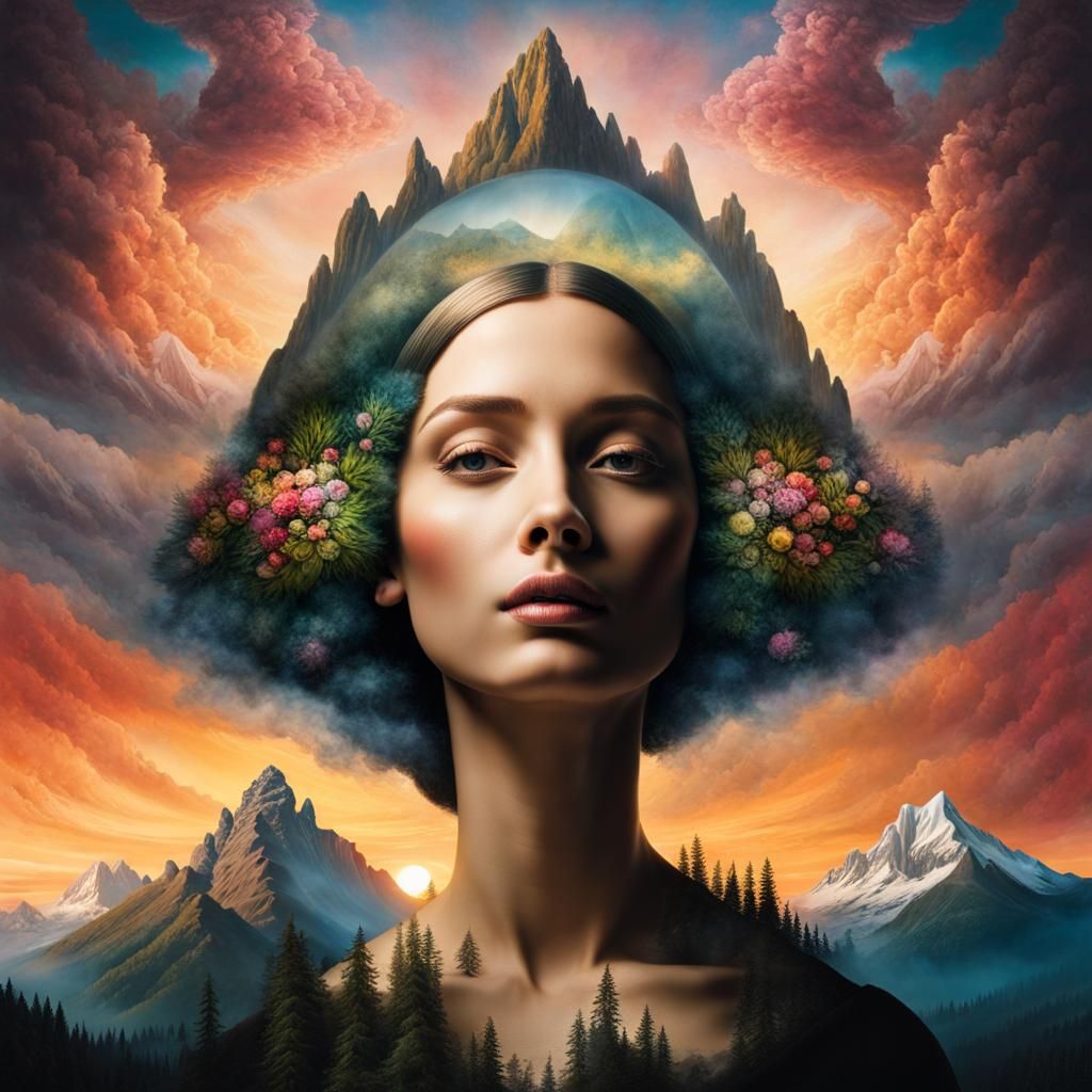 Nature Bursting from Woman's Head: Surreal Double Exposure