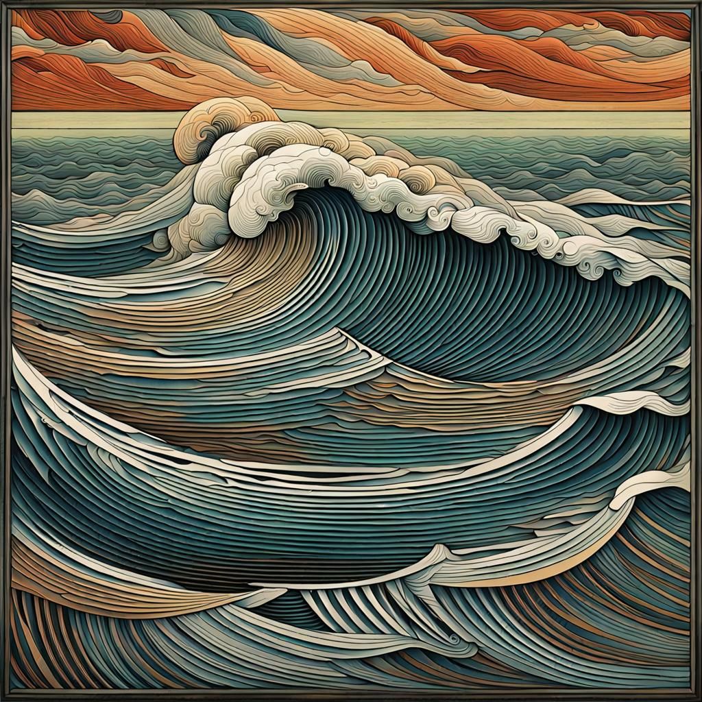 Raging Sea in Geometric Steel Engraving Style