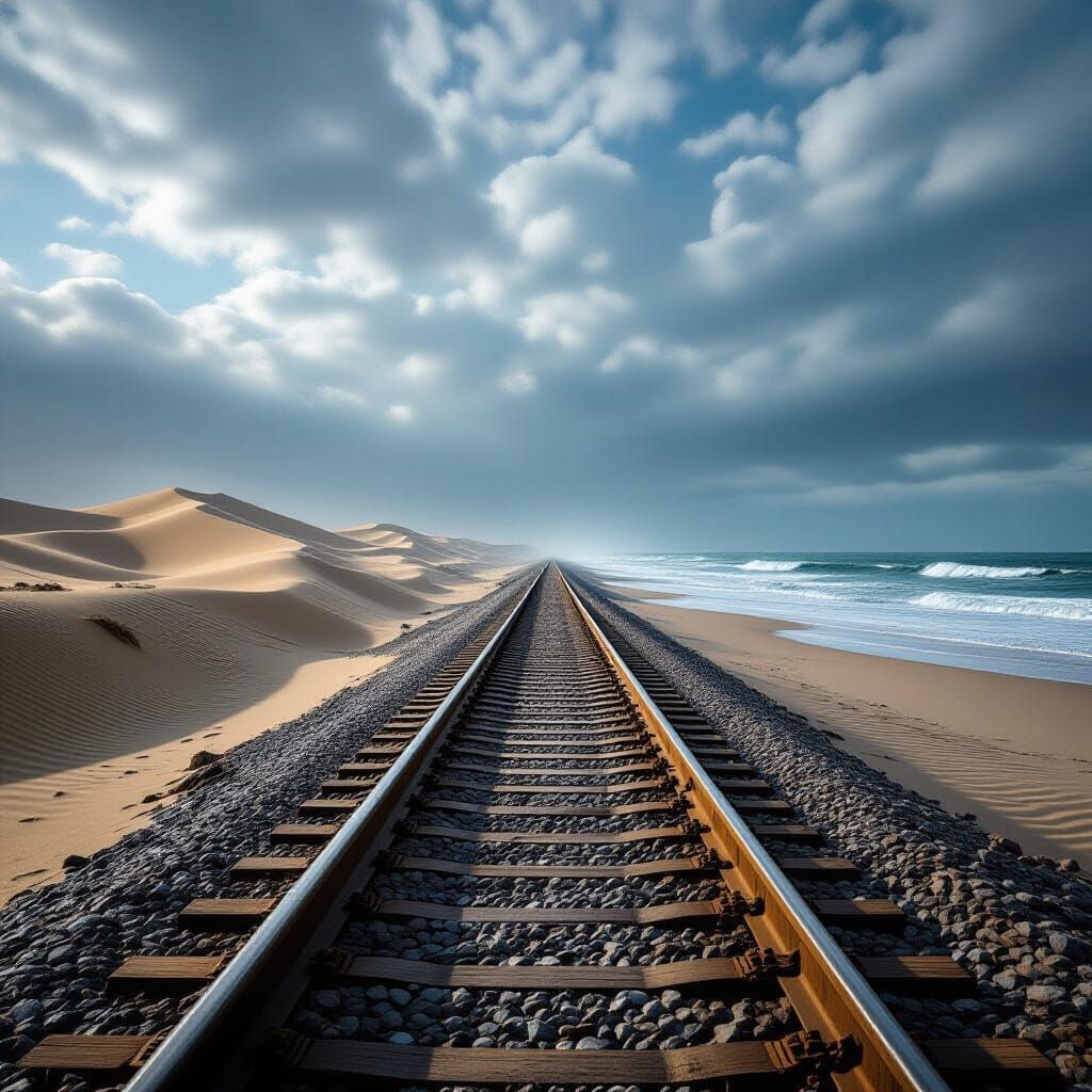 Hyperrealistic Railroad Between Sand and Sea