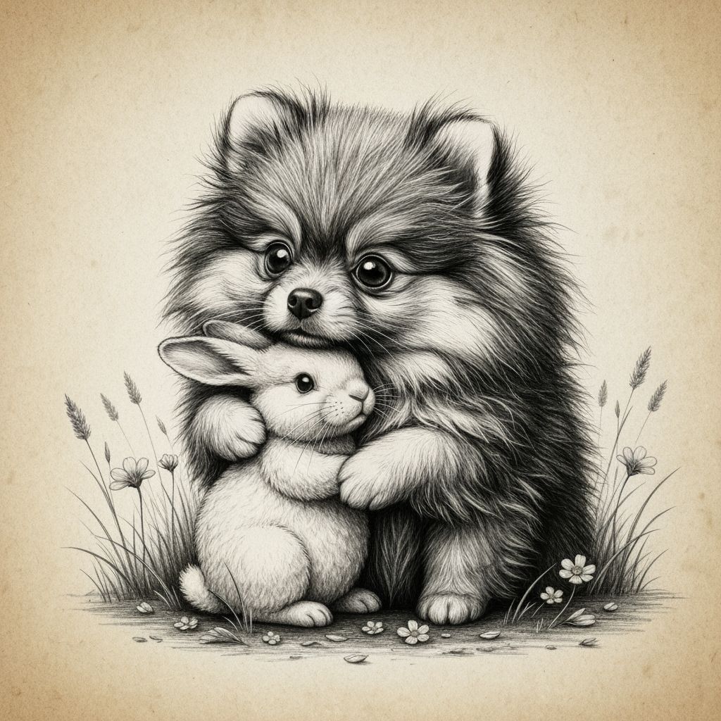 Fluffy Pomeranian Puppy Hugs Rabbit in Detailed Pencil Sketc...