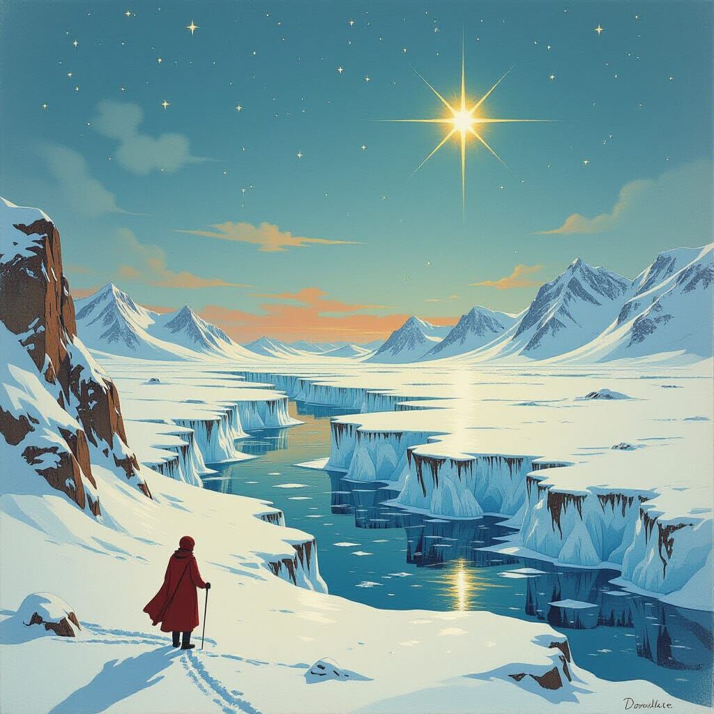 Cursed Arctic Pilgrimage in Edmund Dulac and Moebius Style