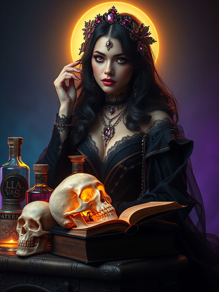 Mystical Woman with Potions in Fantasy Art Style