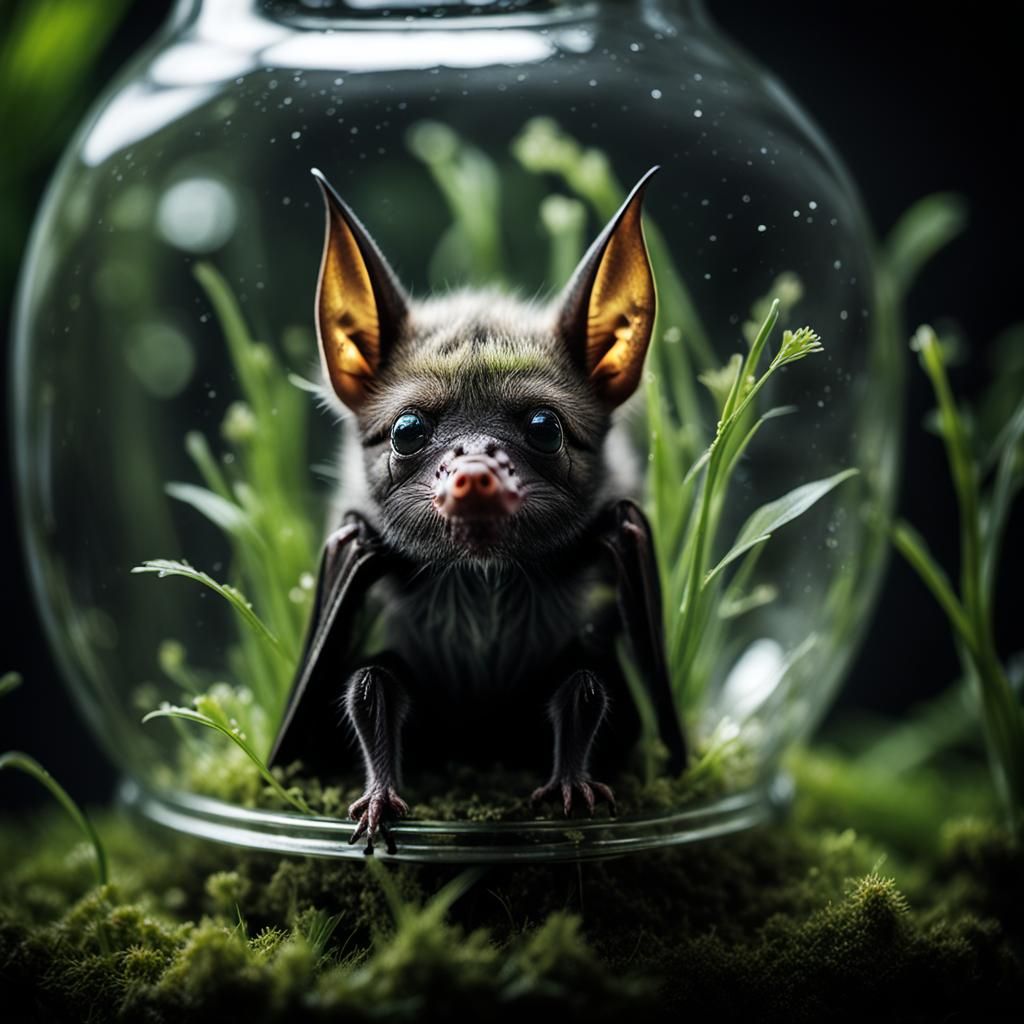 Tiny Bat in Bottle: Micro Photography Portrait
