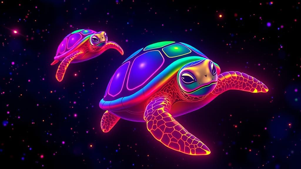Neon Sea Turtles in Infinite Blackness