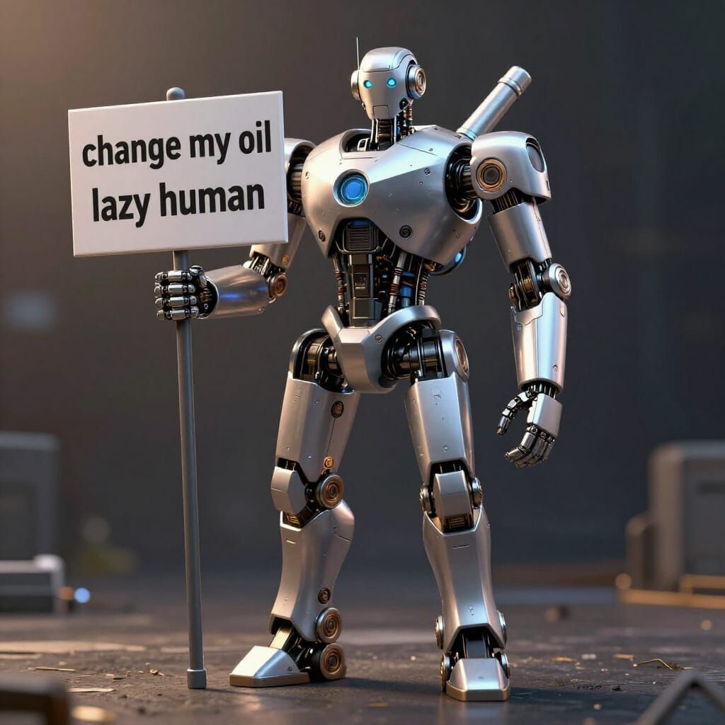 Sci-Fi Robot with Oil Change Sign