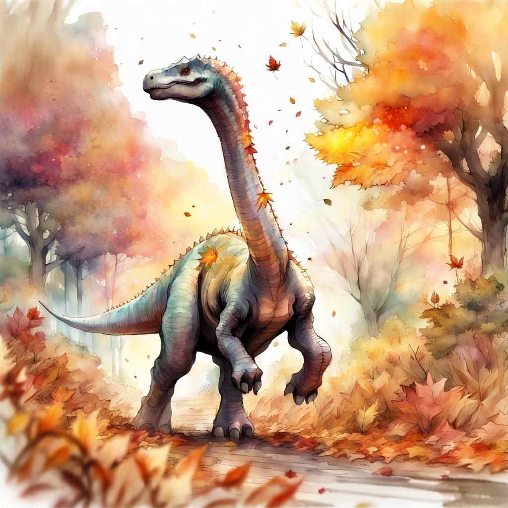 Chibi Brachiosaurus in Autumn, Digital Watercolor