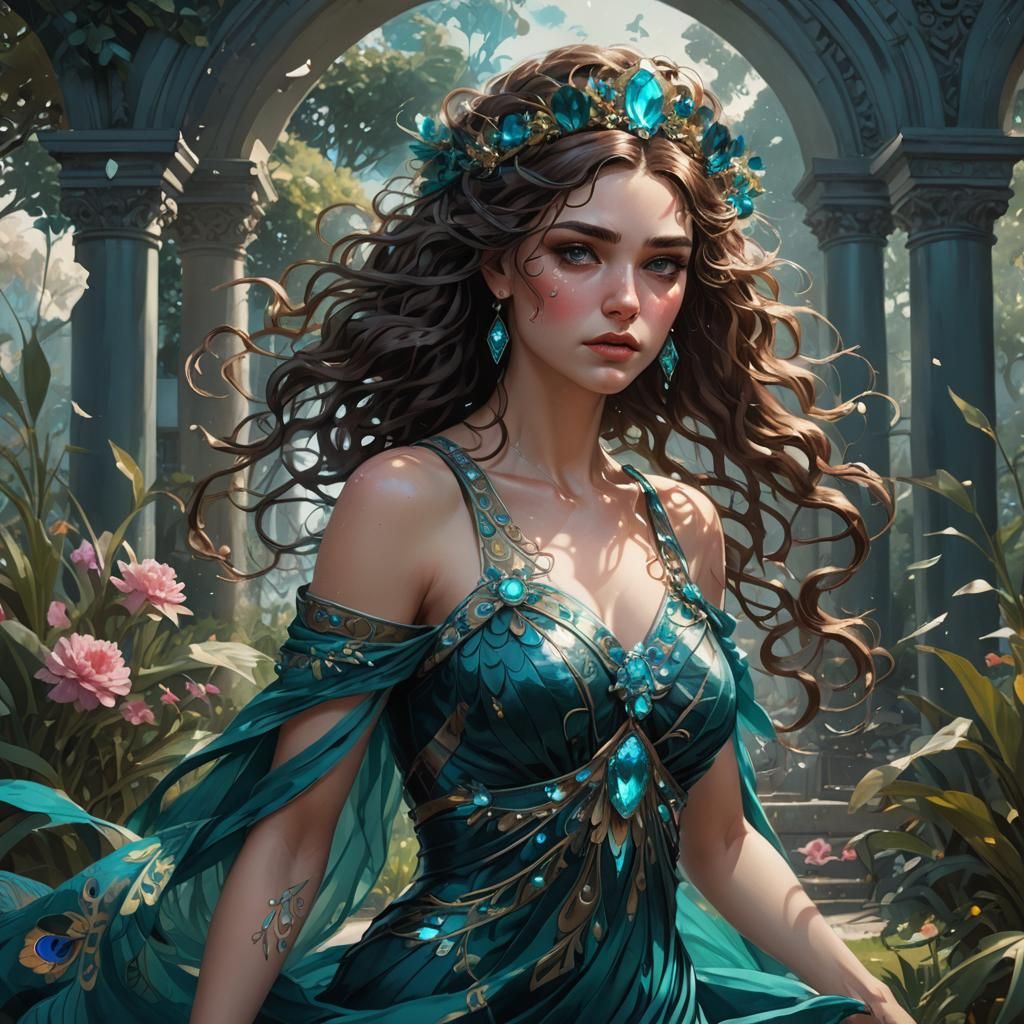 Demigoddess in Peacock Dress Runs Through Dark Garden