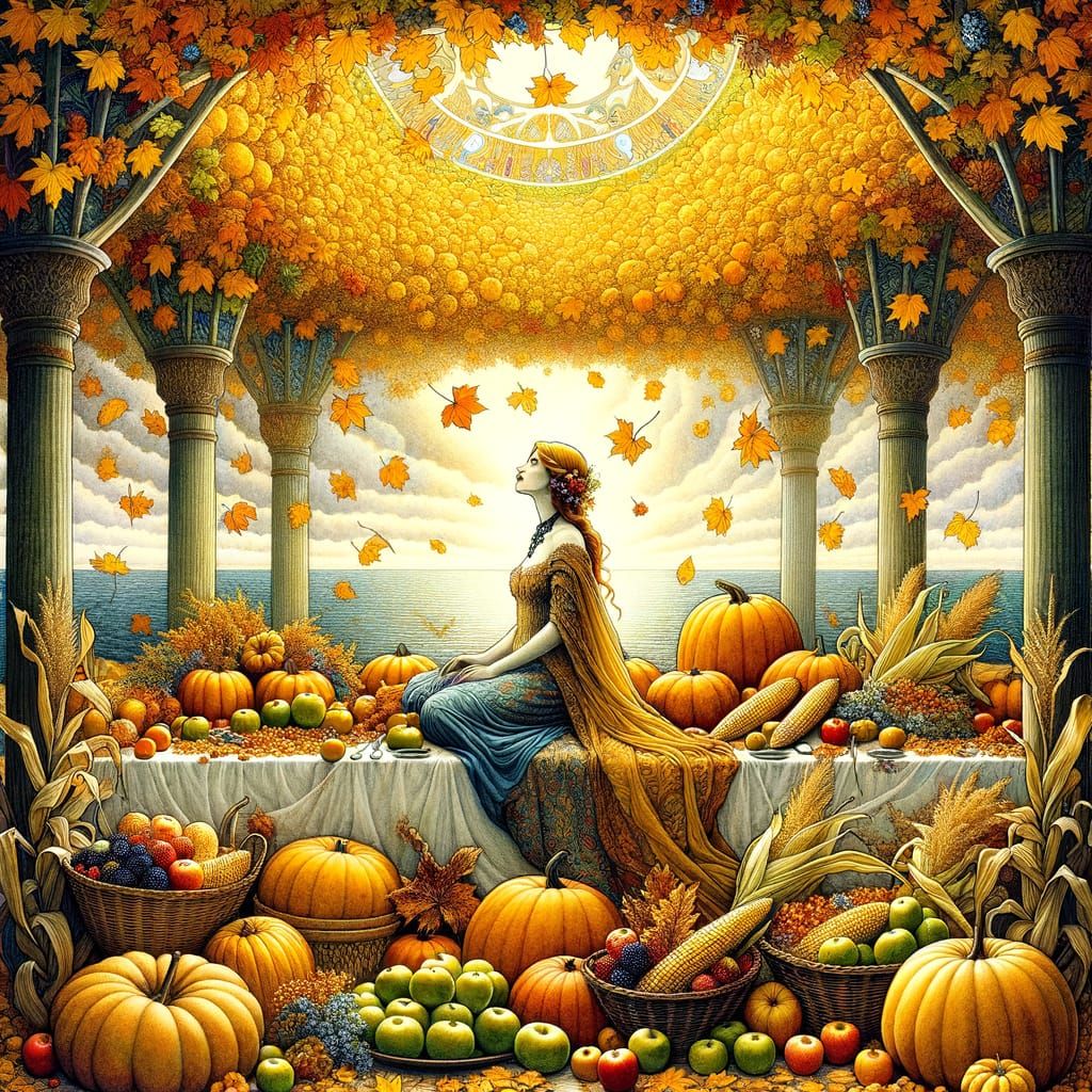 Victorian Gothic Woman Oversees Autumn Harvest Feast