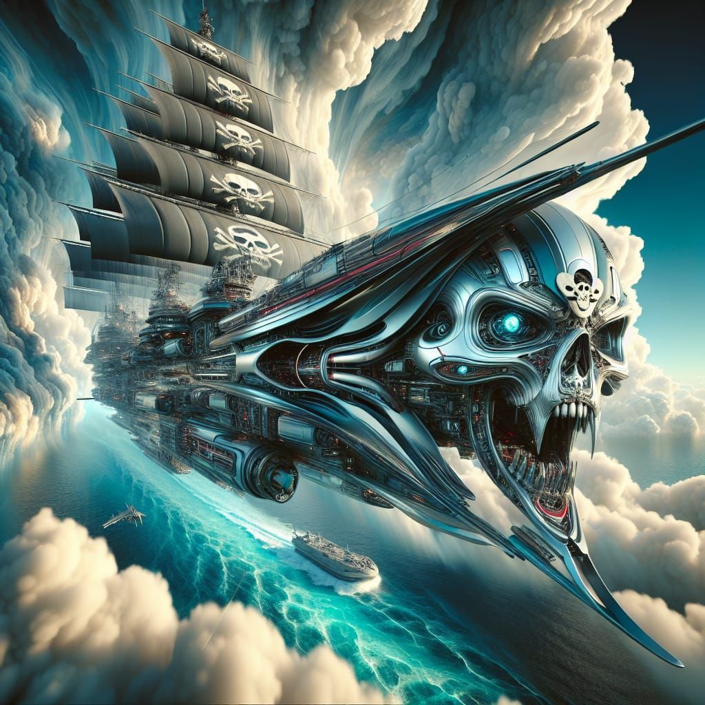 Sleek Futuristic Pirate Ship Soars Through Skies