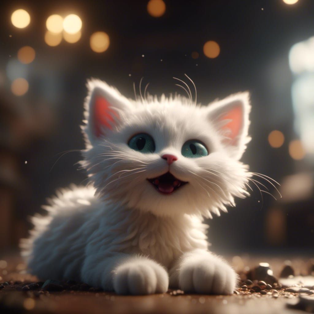 Adorable Fluffy White Kitten in Digital Painting