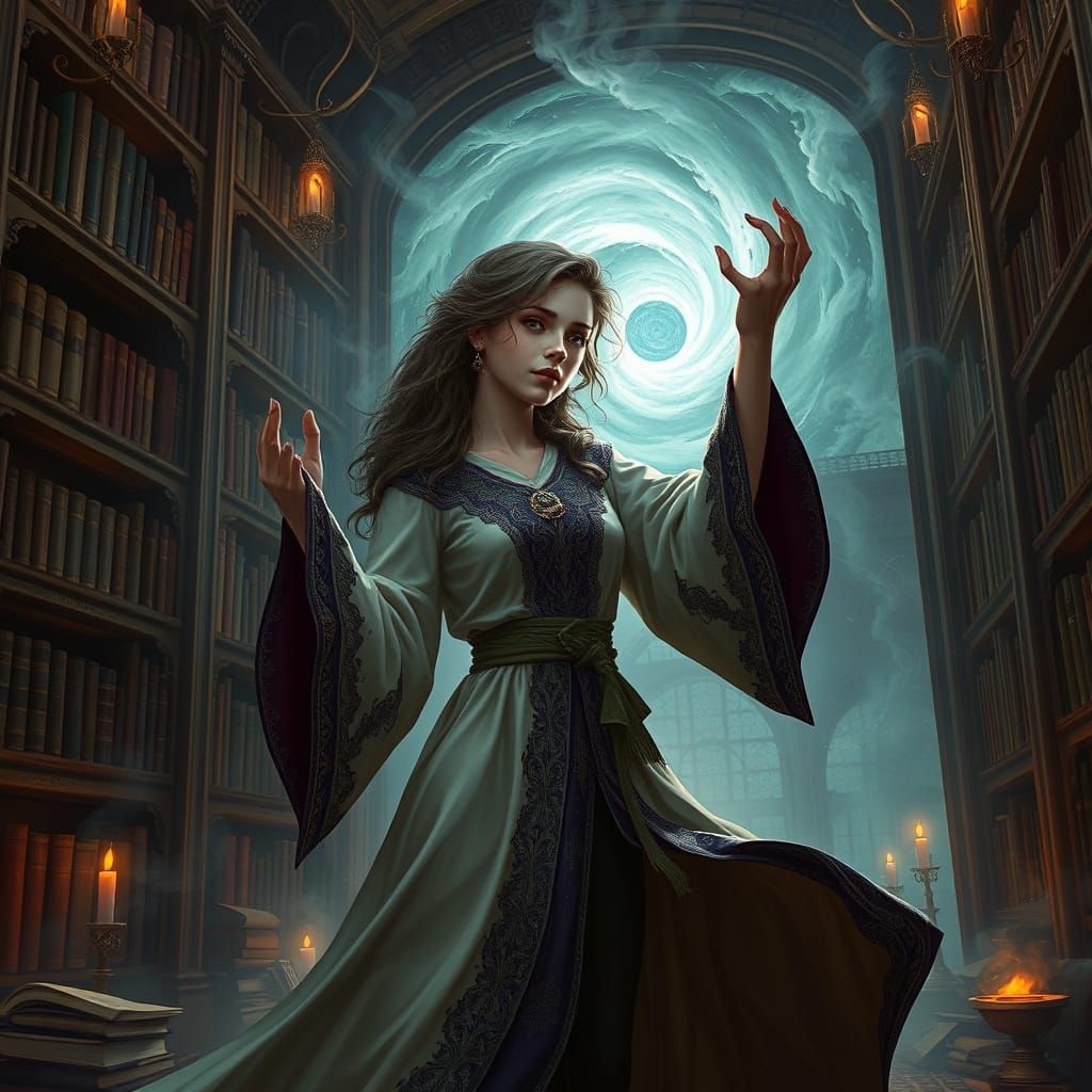 Sorceress in Grand Library, Dark Fantasy Art