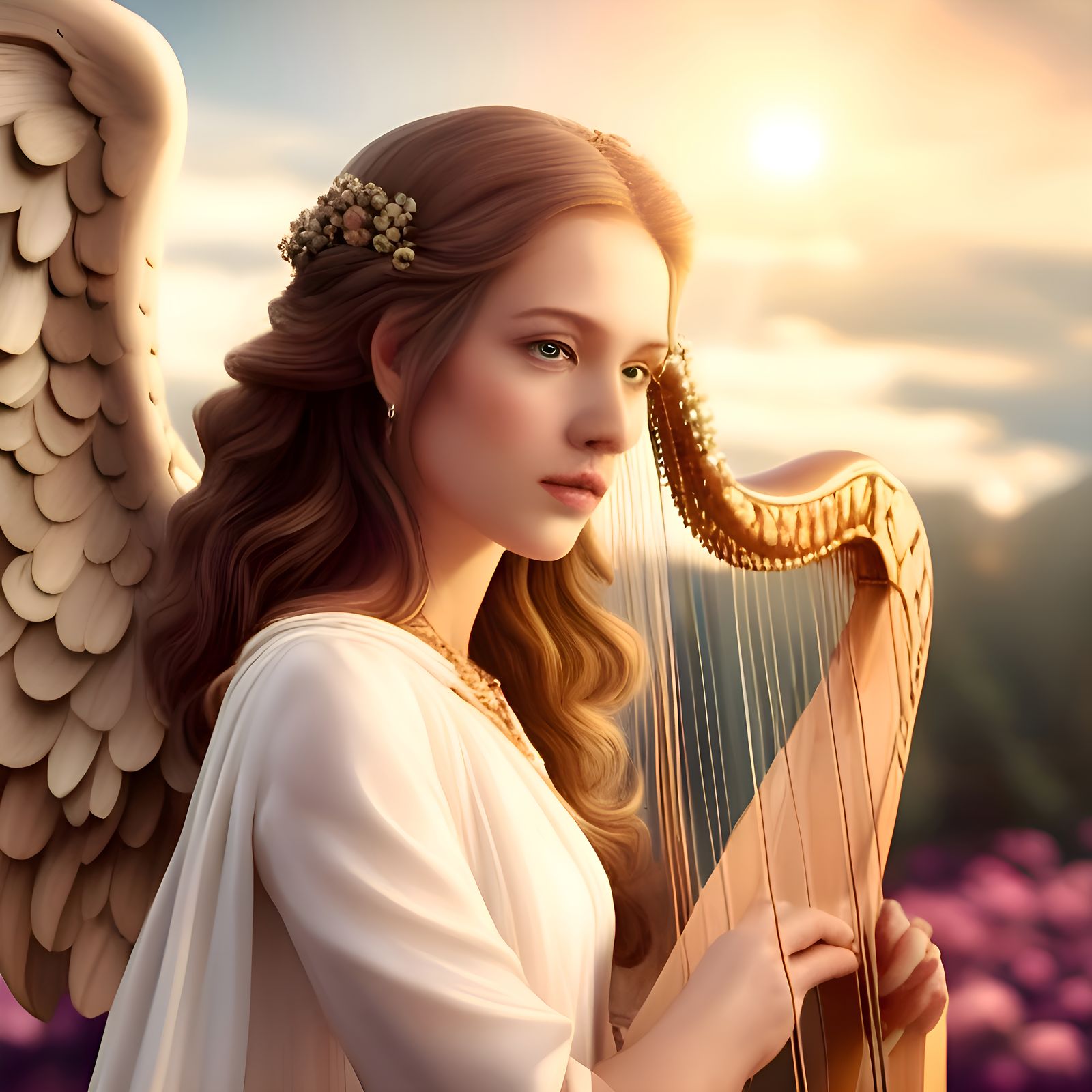 Heavenly Angel Playing Harp in Divine Light