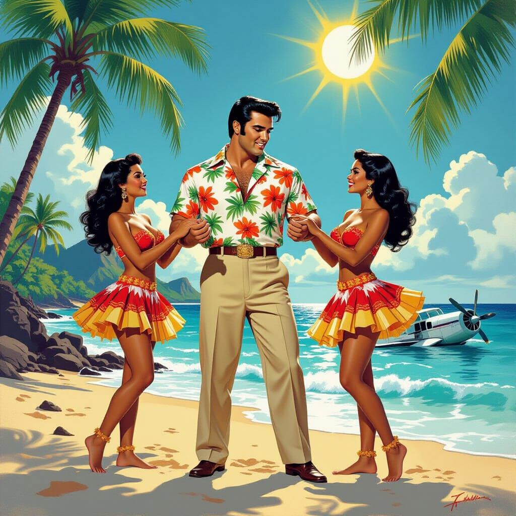 Elvis on Tropical Beach with Hula Girls and Wrecked Seaplane
