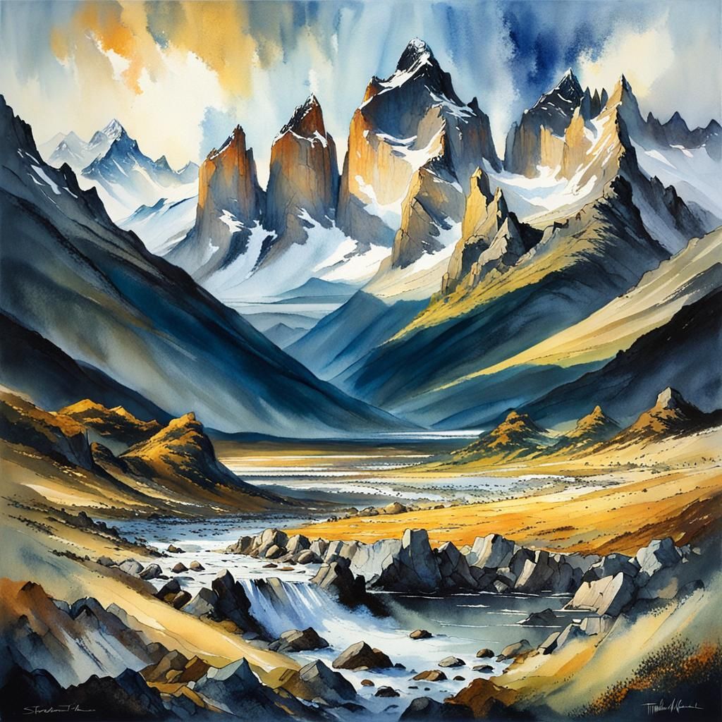 Patagonian Mountain Landscape at Sunset in Watercolor