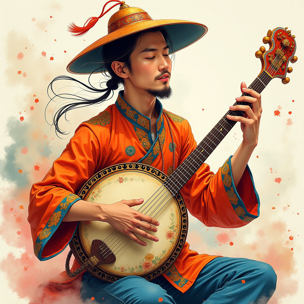 very enthusiastic chinese person playing a banjo