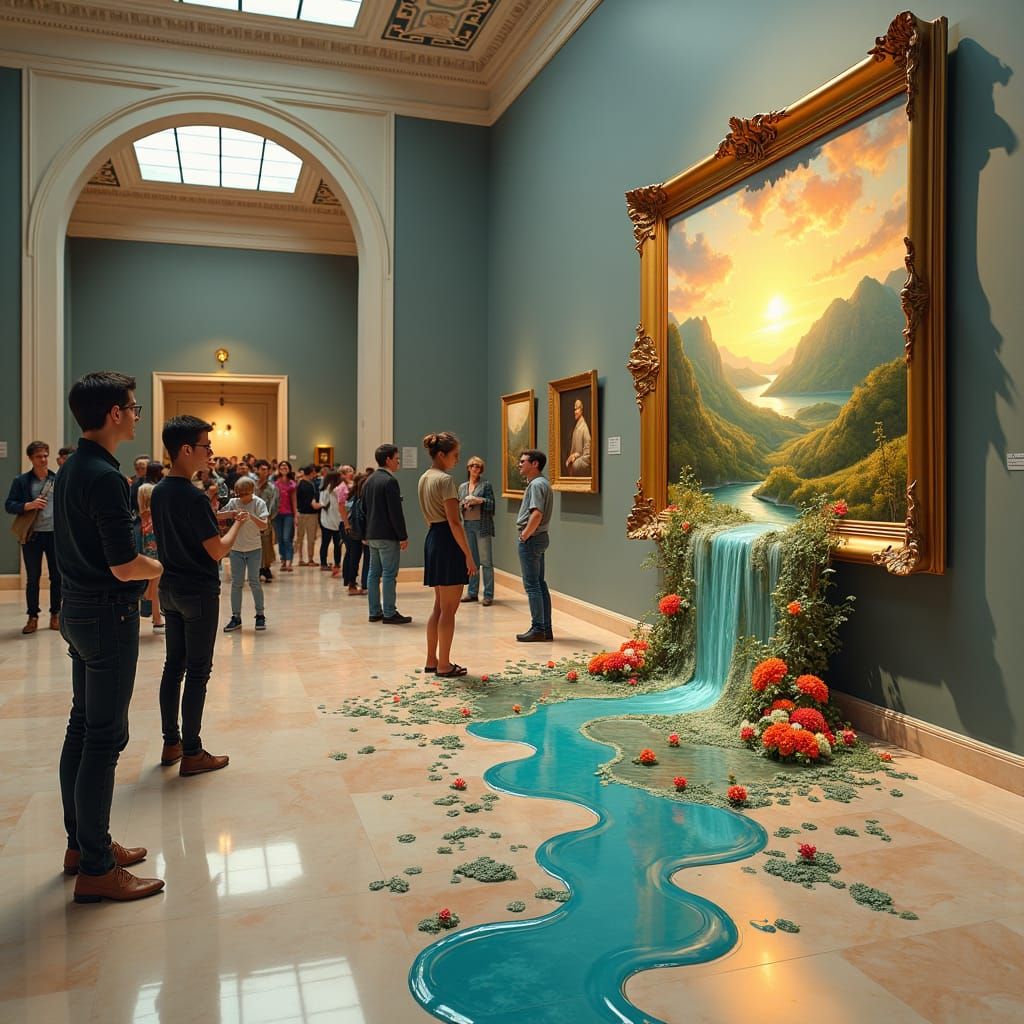 A surreal photograph of an elegant museum room with classic ...