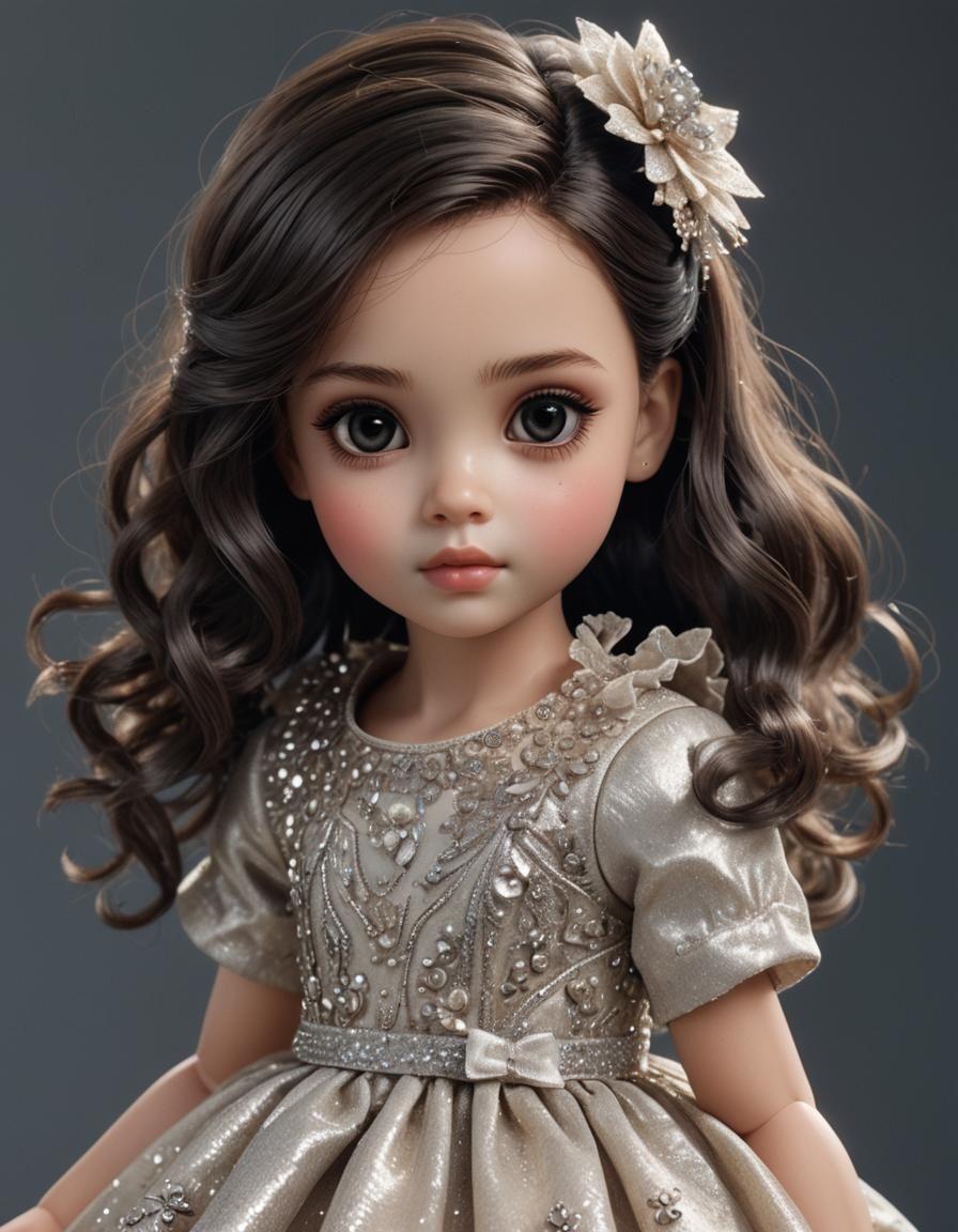 A hyper-realistic digital image of an adorable sweet girl with a doll-like face, looking straight at the viewer with lar...