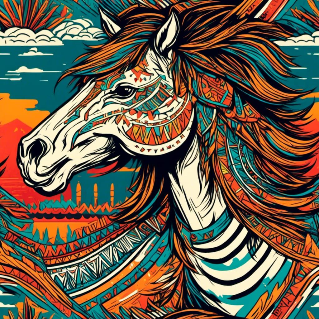 Wild Horse with Aztec Background in Screen Print Style