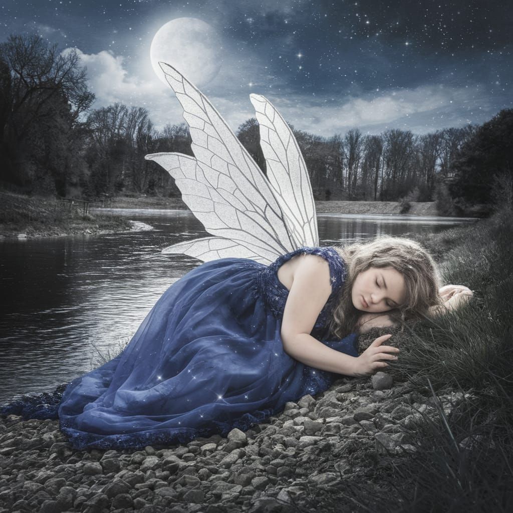 Enchanted Blue Fairy Slumbers by Moonlit Riverbank
