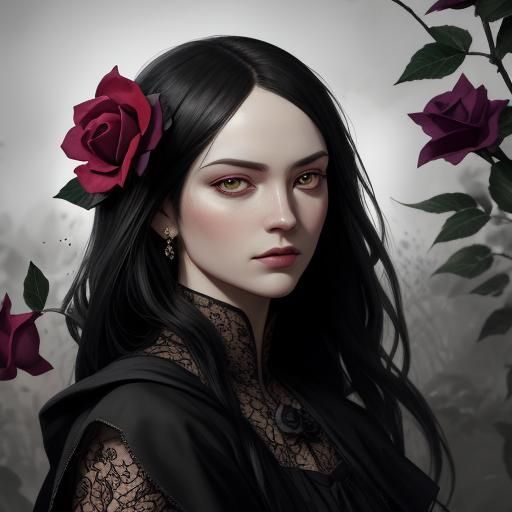 Hyperrealistic Black Rose in Cape Honeysuckle Garden