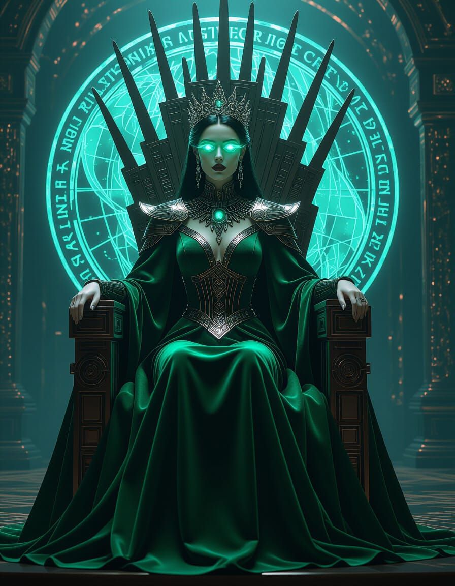 Cybernetic Queen on Chrome Throne in Opulent Throne Room
