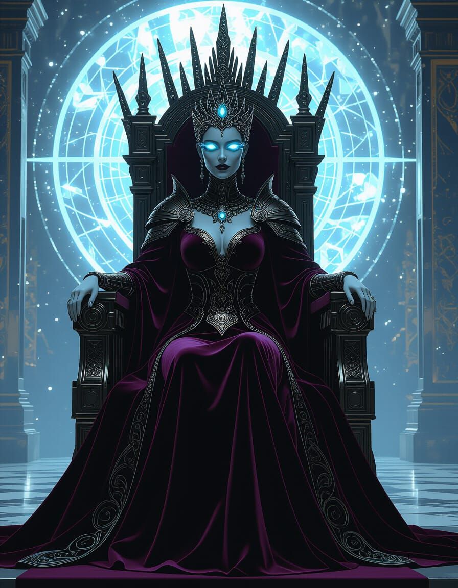 Cybernetic Queen on Chrome Throne in Opulent Throne Room
