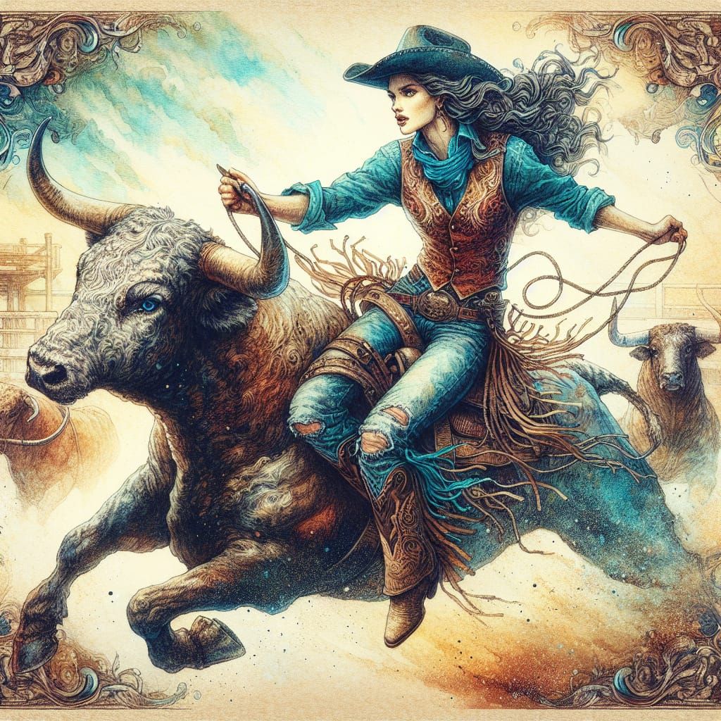 Cowgirl Rides Bull in Rustic Watercolor Illustration