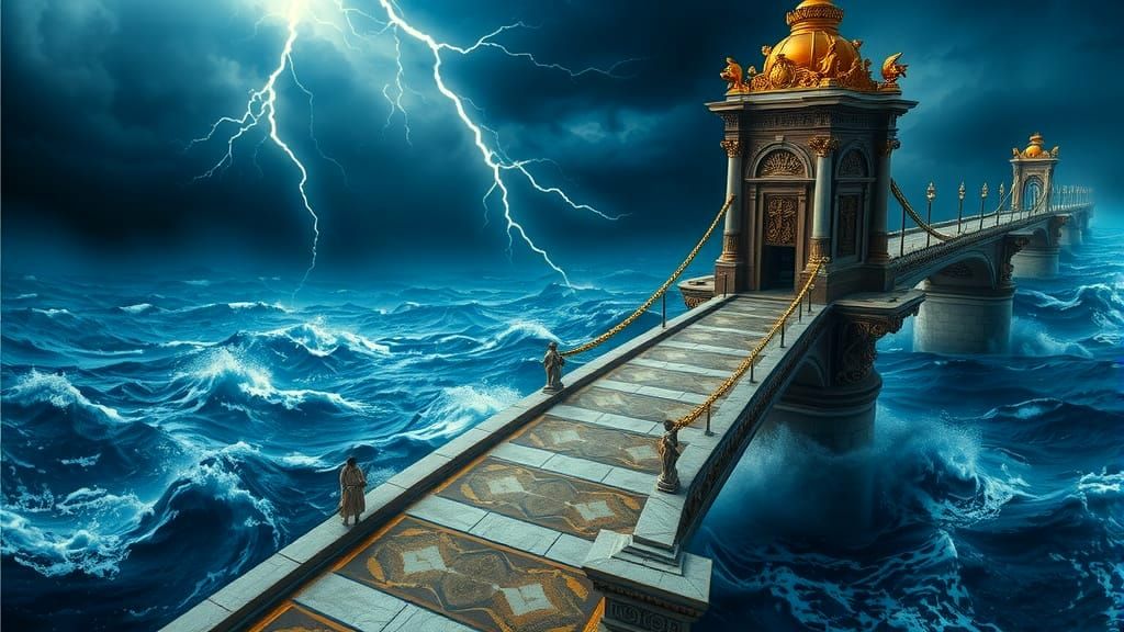 Epic Marble Bridge Spans Turbulent Ocean in Cinematic Storms...