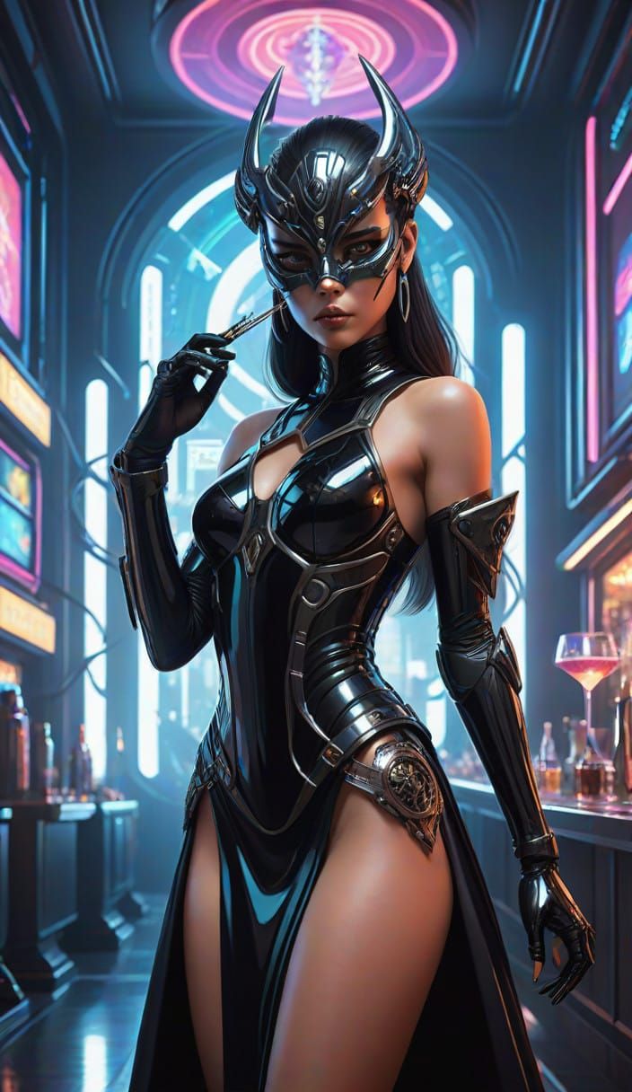 Cyberpunk Latina Assassin in High-Tech Masquerade Ball Art
