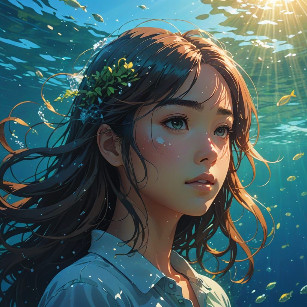 Girl Underwater in Anime Style with Sunlight