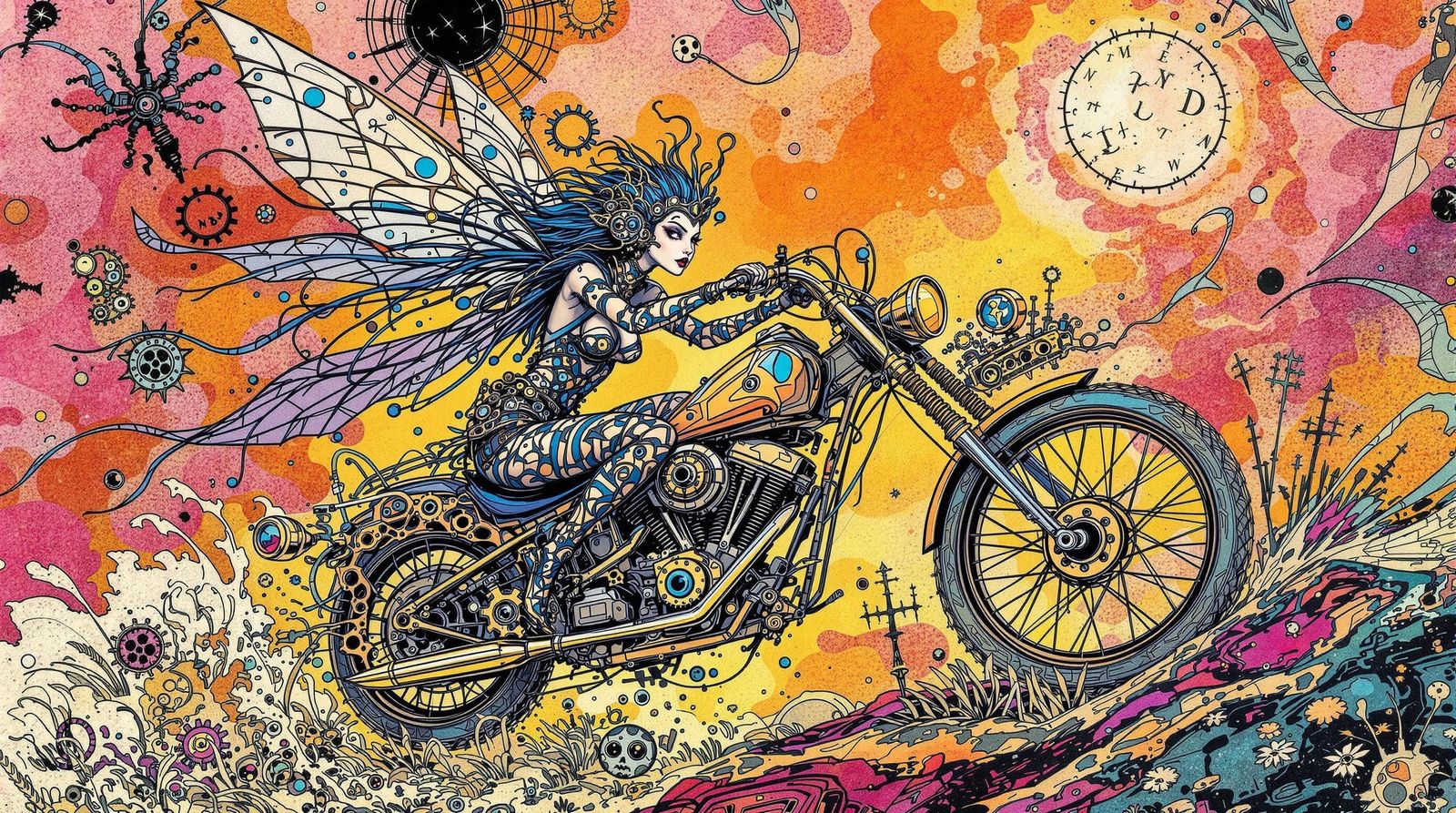 Steampunk Fairy on Motorcycle, Etched Ink Drawing