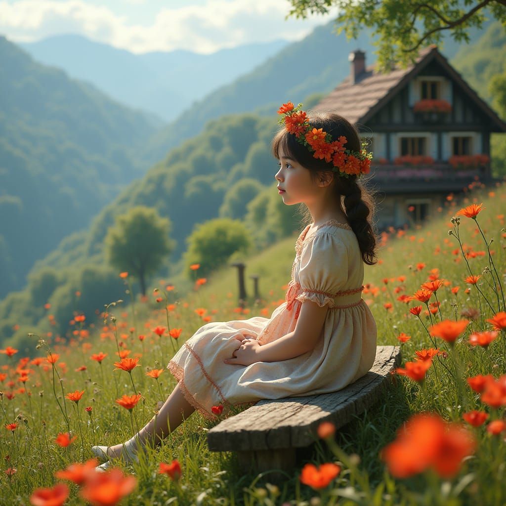 Girl on Bench in Wildflower Meadow with Mountain House