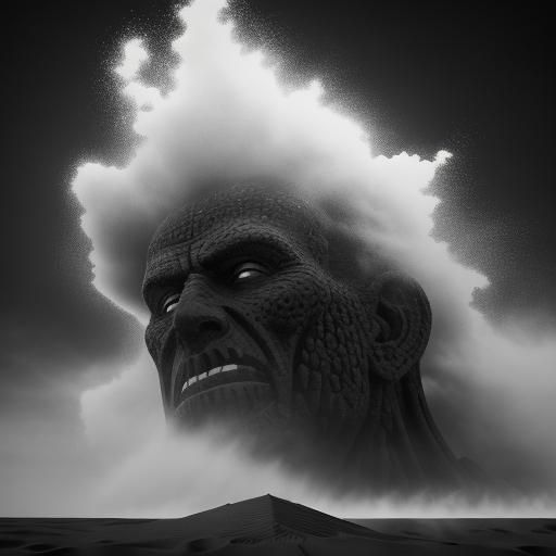 Cinematic film still, close-up, medium shot: A massive sandstorm churns violently in the desert, with Imhotep's colossal...