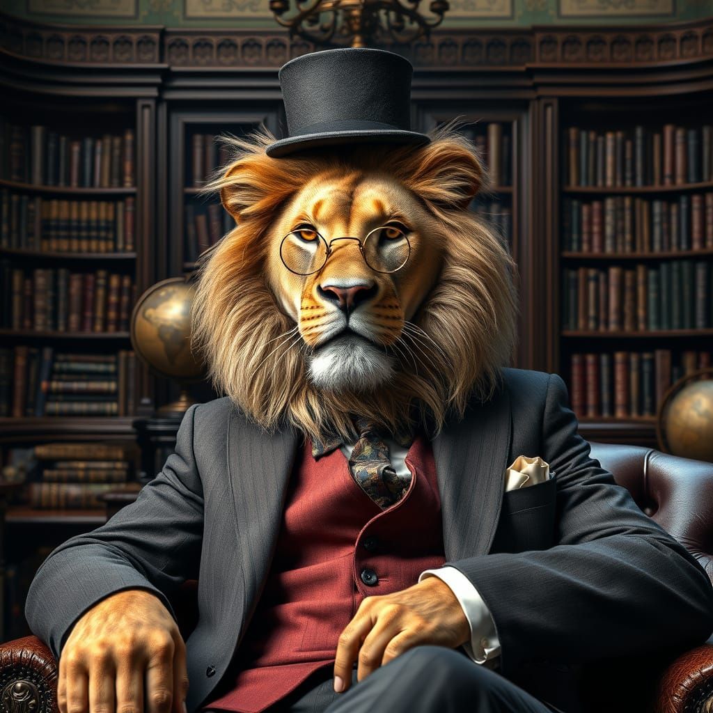 Lion Gentleman in Study, Hyperrealistic Digital Art