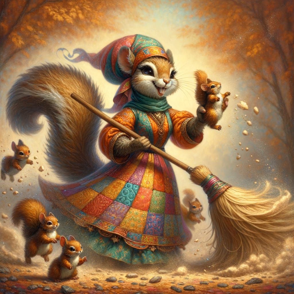 Whimsical Mother Squirrel Sweeping with Babies, Fantasy Real...