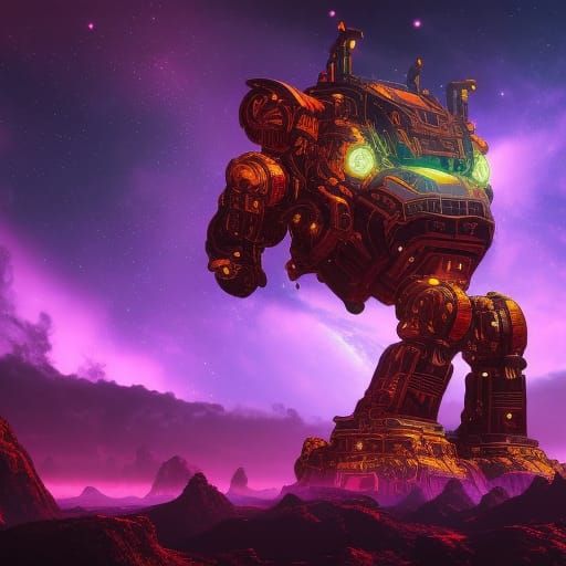 Massive Robot Under Purple Starry Sky
