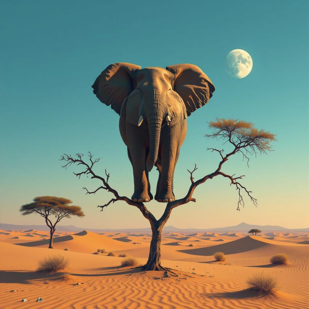 Surreal Elephant on Desert Branch, Dalí & Magritte Style